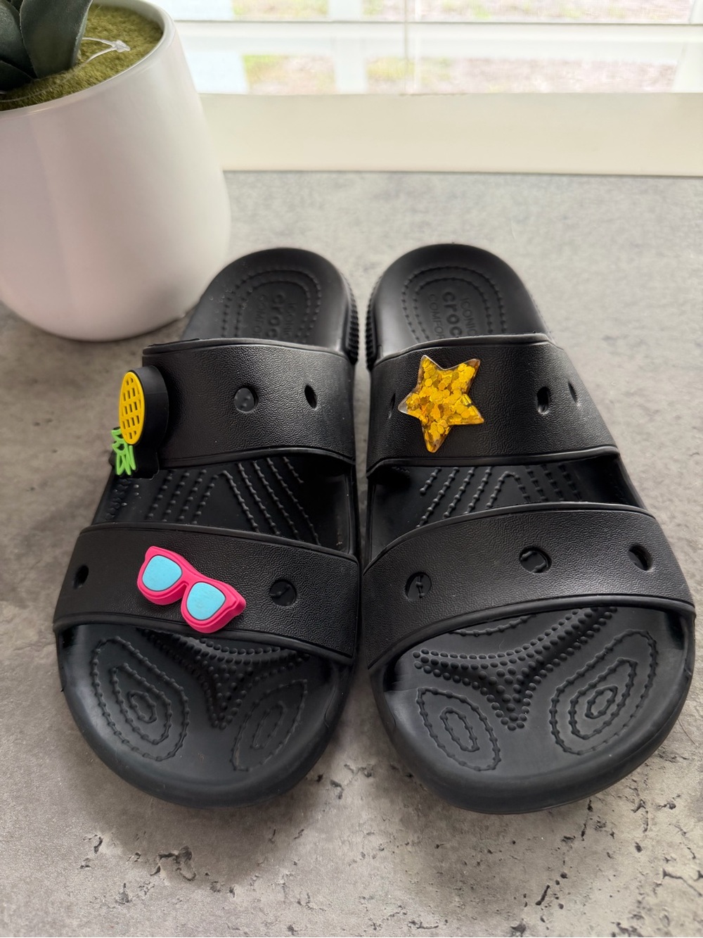 CROCS Black Kids Slide Sandals with Colorful Jibbitz Charms